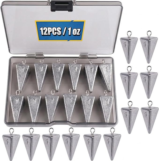 12Pcs Pyramid Sinkers 5 Sizes (1oz–5oz),Surf Fishing Gear – Anti Roll Durable Lead Weights for Freshwater and Saltwater Fishing Weights,for Catfish Rigs, Pompano Rigs, Bottom Fishing