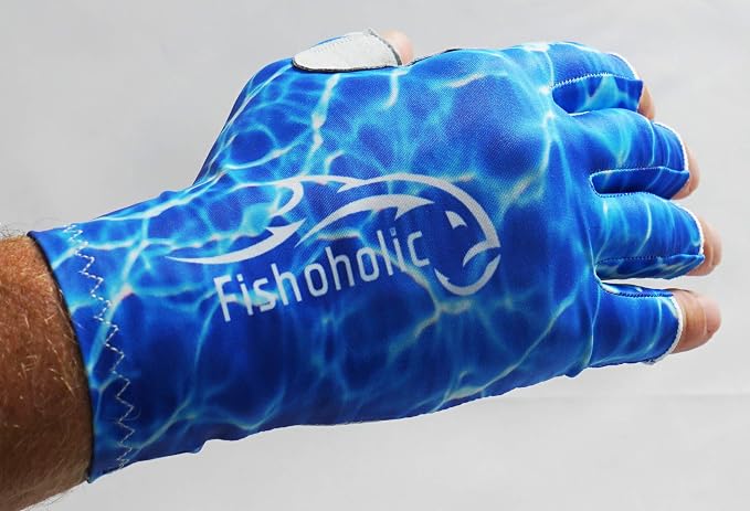 Fishoholic UPF50+ Fingerless Fishing Gloves - Sticky Grip Sun Protection Glove - Kayaking Paddling or Rowing