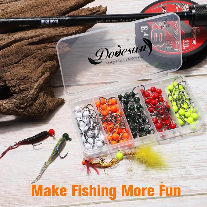 Dovesun 100pcs Fly Tying Jigs Kit, Jig Heads for Fly Fishing 1/124oz 1/80oz 1/64oz 1/32oz 1/16oz Jig Head Small Fly Fishing Hooks DIY Lure Making Kit Suit for Tying Flies | Crappie Lures