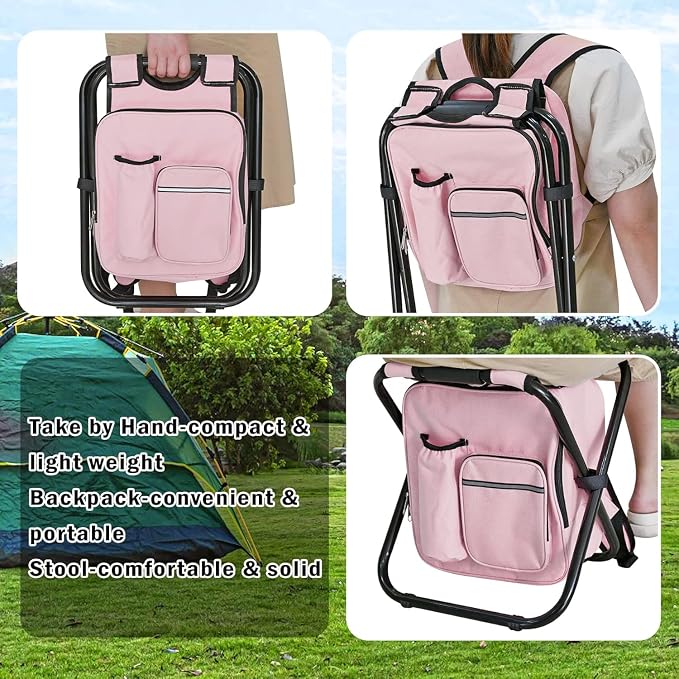 Kikerike Backpack Stool Cooler Chair Heavy Duty 300 LBS Max Load Portable Lightweight Stool Backpack Folding Fishing Cooler Seat for Camping Hunting Fishing