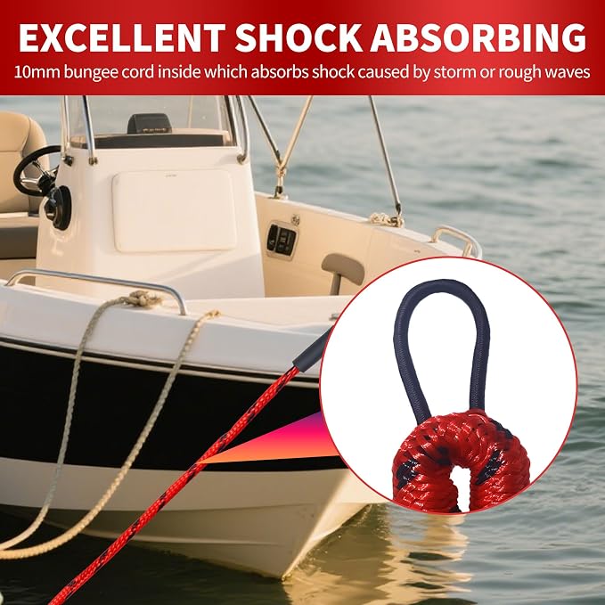 Bungee Dock Line with Stainless Steel Clip – Boat Dock Rope with Foam Float for Kayak, Canoe, Pontoon, Watercraft, SeaDoo, Docking – 4–5.5 ft, 2 Pack（Red&Black）