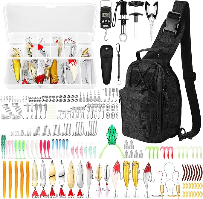 Gemscream 393 Pcs Fishing Tool Kit Fishing Backpack with Tackle Boxes Included Pliers Gear and Equipment Bait Rigs Fish Lip Gripper Lure Gear Kit Fish Hooks Remover Tools