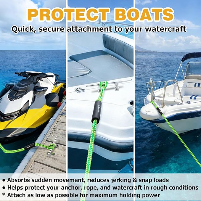 JaunniQir Bungee Dock Lines for Boats 4.3 Feet, 2 Pack Dock Lines with 316 Stainless Clips for PWC, Jet Ski, Kayak, Watercraft, Pontoon, Shock Absorbing Tie Off Downs Boat Mooring Ropes Accessories