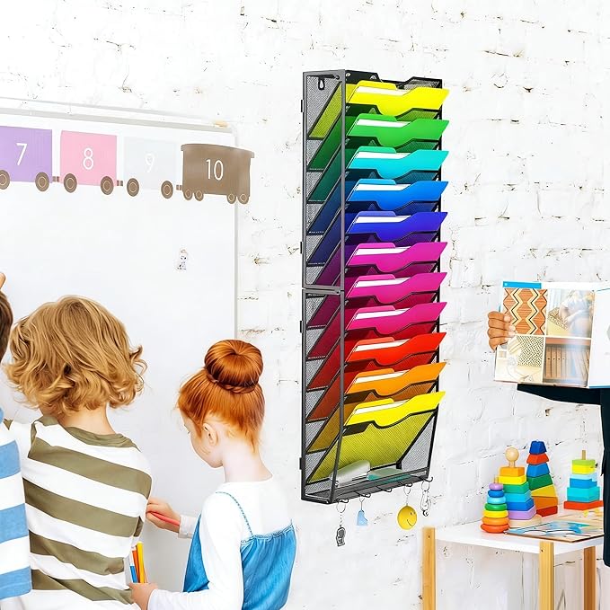 13-Tier Large Capacity Hanging Wall File Organizer with 5 Hooks, Vertical Wall Mount File Holder, Mail Organizer Office Magazine Rack for Office Home School
