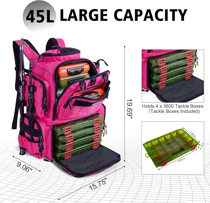 Goture Fishing Backpack with 4 Tackle Boxes,900D Water-Resistant Tackle Backpack with Rod Holders,45L Large Fishing Bag Storage Gear Tackle Bag with Rain Cover,Bottle Holder for Travel Camping Hiking