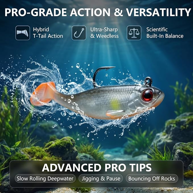Soft Fishing Lures for Bass Fishing:Pre-Gigged Swim Baits for Saltwater or Freshwater.Soft Plastic Fishing Accessories.