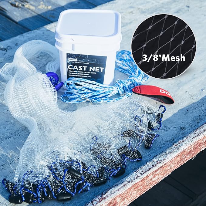 Goture American Fishing Cast Net,Casting Nets Freshwater Saltwater for Bait Fish Shrimp Trap 3ft/4ft/6ft/7ft/8ft/10ft/12ft Radius 1/4 3/8inch Mesh Size,Throw Fishing Castnet with Needle Shuttle