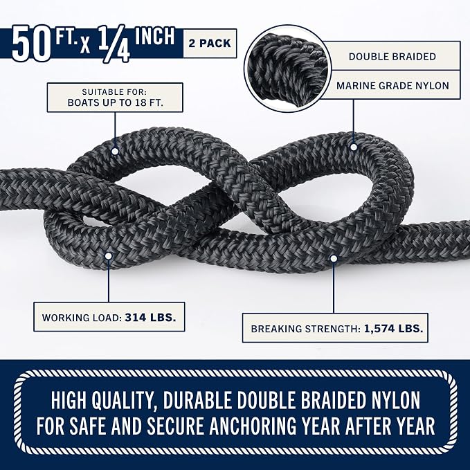 RainierSupplyCo 2 Pack Boat Anchor Rope - Double Braided Marine Rope Anchor Line - 50 ft x 1/4 Inch Nylon Boating Line with 316 Stainless Steel Thimble and Heavy Duty Marine Grade Bow Shackle - Black
