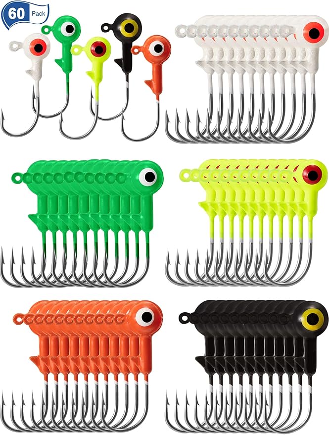 60 Pieces Fishing Lures Jig Heads Ball Head Fishing Hooks Round Ball Head Jigs with Double Eyes for Freshwater or Saltwater
