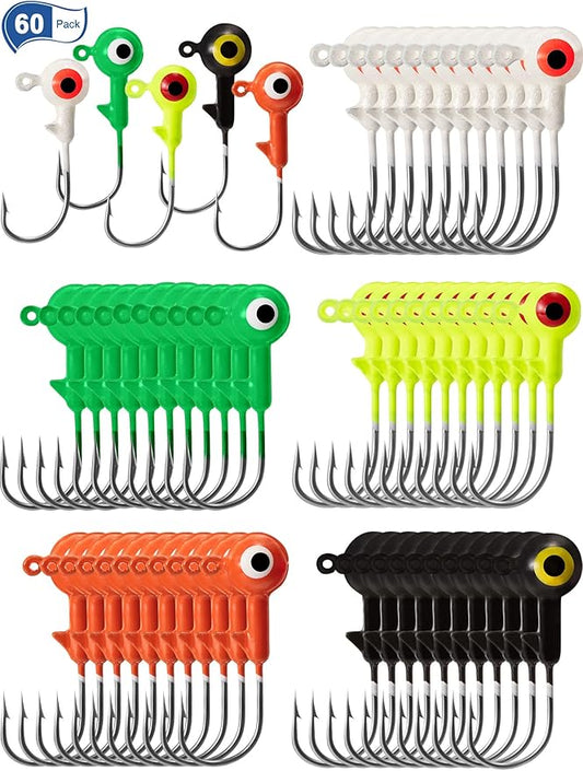 60 Pieces Fishing Lures Jig Heads Ball Head Fishing Hooks Round Ball Head Jigs with Double Eyes for Freshwater or Saltwater
