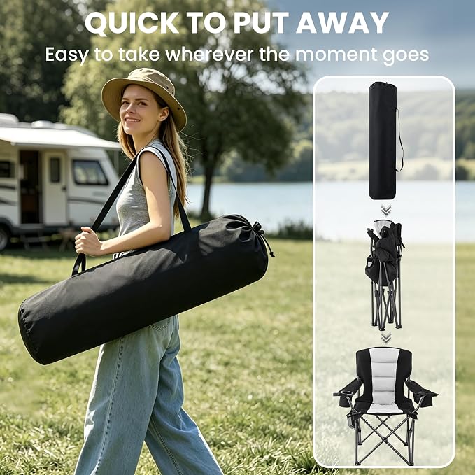 Portable Camping Chair for Adults Heavy Duty 450LBS Thick 600D Oxford Fabric Outdoor Oversized Camping Chairs with Cup Holder and Ice Bag for Sports, Fishing, Lawn (Black & Light Gray)