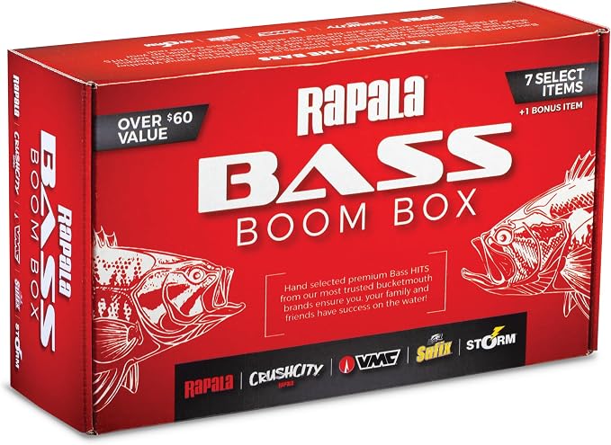 Rapala Bass Boom Box, Bass Fishing Kit with 7 Curated Lures and Bonus Item Featuring Rapala, VMC, Crush City, Sufix and Storm