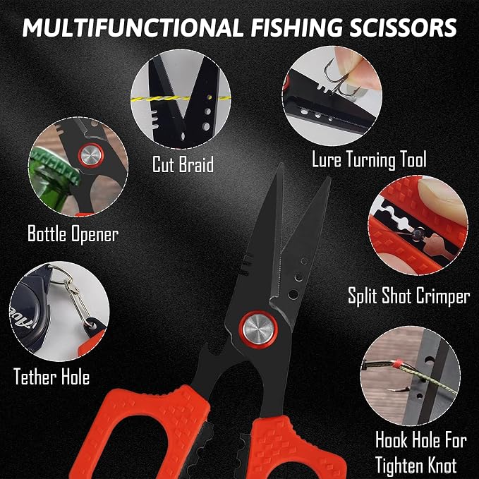 Eupheng 4.7 In Pro Fishing Scissors for Braided Line Mono Fluorocarbon with Zinger Retractor Clip, Dual Serrated Titanium-Coated Blades, Multifunction Fishing Shears