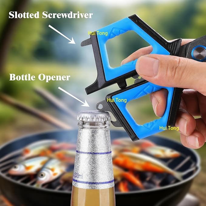 Professional Fishing Scissors With Bottle Opener Titanium Coated Serrated Blades Cut PE Mono Fluorocarbon Lines Non-Slip Soft Grip Multi-Purpose Fishing Tool