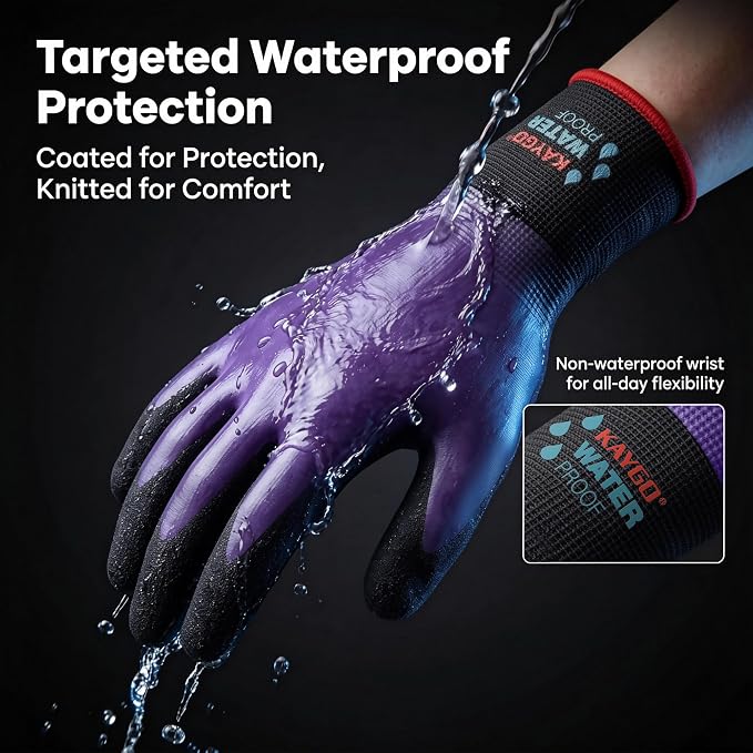 KAYGO Waterproof Work Gloves for Men and Women, Rubber Coated Non-slip Working Gloves for Garden, Outdoor Construction,KG150,Purple,M