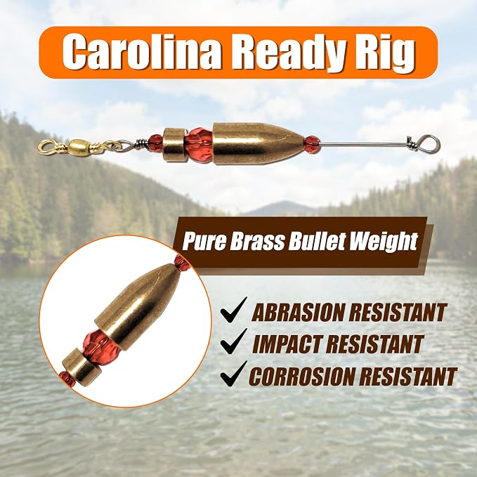 Reaction Tackle Carolina Rigs for Bass Fishing- Freshwater Saltwater - Brass Pre Rigged Kit- Fishing Weights Barrel Sinkers 6-Pack