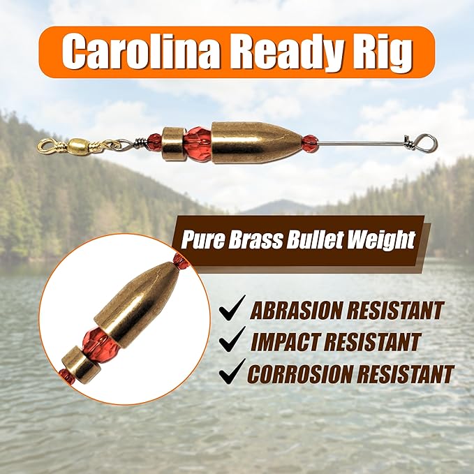 Reaction Tackle Carolina Rigs for Bass Fishing- Freshwater Saltwater - Brass Pre Rigged Kit- Fishing Weights Barrel Sinkers 6-Pack