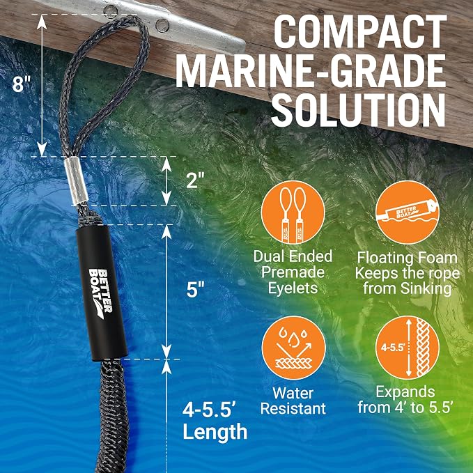 2-Pack Black Bungee Dock Lines, Marine Grade Boat Rope, Jet Ski or PWC Mooring Ties, Boating Accessories for Boats