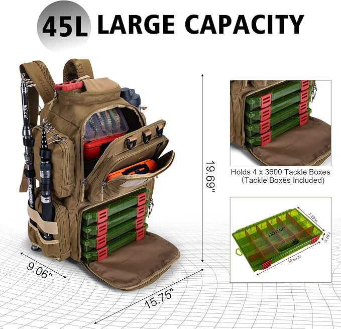 Goture Fishing Backpack with 4 Tackle Boxes,900D Water-Resistant Tackle Backpack with Rod Holders,45L Large Fishing Bag Storage Gear Tackle Bag with Rain Cover,Bottle Holder for Travel Camping Hiking
