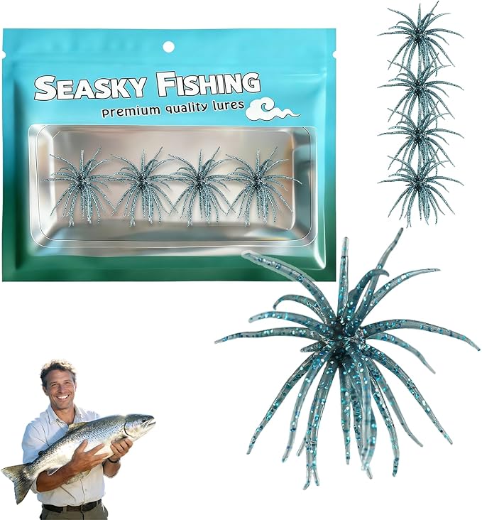 4Pcs Dice Bait, Floating TPR Swimbait with Reflective Stars,Tentacle Creature Lure, Sea Urchin Style Soft Plastic Baits, for Bass Fishing Drop Shot, Wacky Rig/Neko Rig and Finesse, Slow Sinking