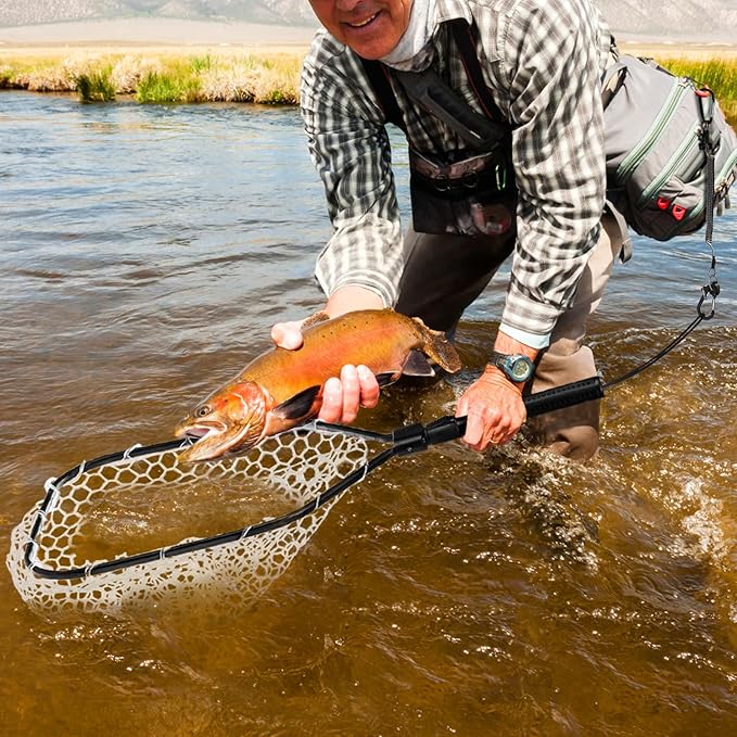 DEAYOU Fly Fishing Landing Net, Soft Rubber Mesh Bass Trout Net with Collapsible Handle and Magnetic Release, Folding Catch and Release Net for Freshwater, Fly Fishing Gear Accessories