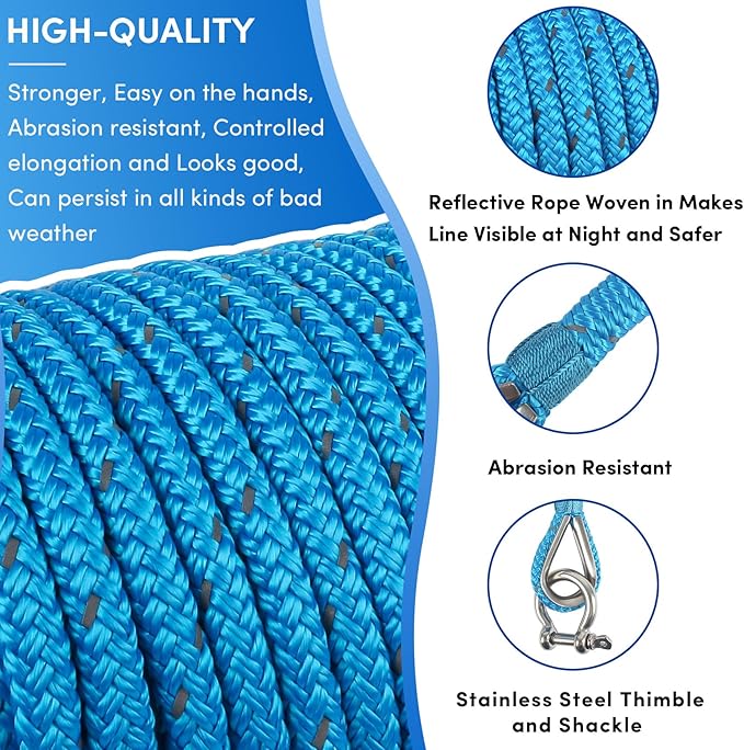 Anchor Rope 100 ft x 3/8 inch Blue, Double Braided Anchor Line with Stainless Steel Thimble & Shackle, Boat Rope with Reflective Strip Ideal for Towing,Mooring,Anchoring,for Boats Up to 27'