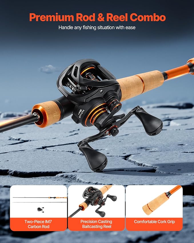 VEVOR Rod and Fishing Reel Combo, IM6/7 Carbon Fiber Spinning/Baitcasting Rod and Reel Combo, Bass Fishing Pole, Stainless Steel Guides with Ceramic Rings