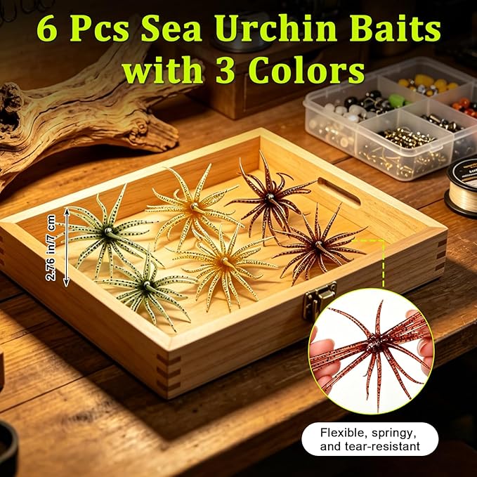 6 Pcs Fuzzy Dice Fishing Lure, Dice Baits for Bass Fishing Soft Tentacle Creature Lure with Reflective Glitter Sea Urchin Bait for Multiple Rigs, Slow Sinking, Freshwater/Saltwater
