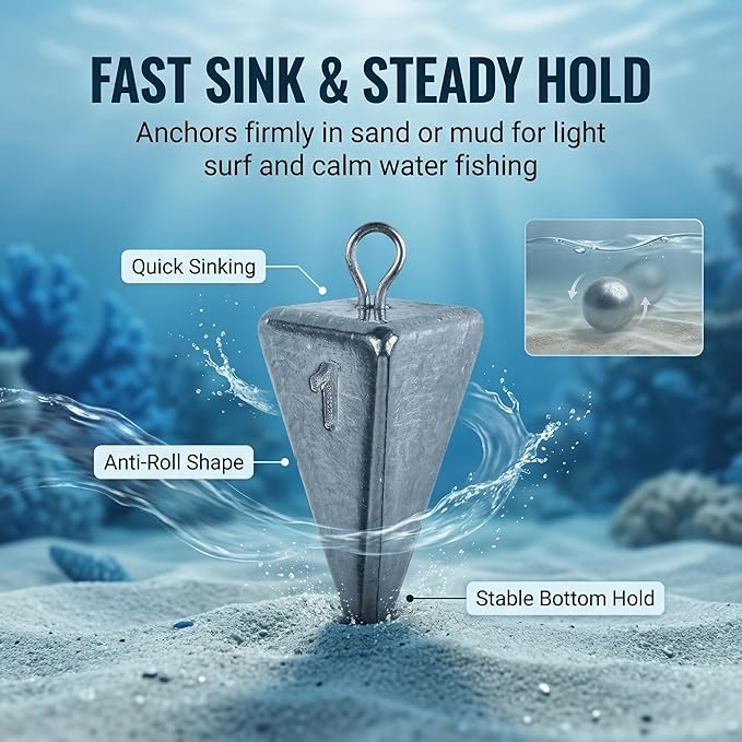 12Pcs Pyramid Sinkers 5 Sizes (1oz–5oz),Surf Fishing Gear – Anti Roll Durable Lead Weights for Freshwater and Saltwater Fishing Weights,for Catfish Rigs, Pompano Rigs, Bottom Fishing