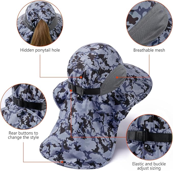 BASSDASH UPF 50+ Unisex Water Resistant Wide Brim Sun Hat with Large Neck Flap Ponytail Fishing Hat for Men Women