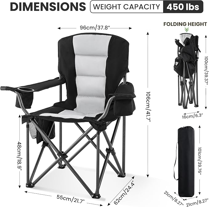 Portable Camping Chair for Adults Heavy Duty 450LBS Thick 600D Oxford Fabric Outdoor Oversized Camping Chairs with Cup Holder and Ice Bag for Sports, Fishing, Lawn (Black & Light Gray)