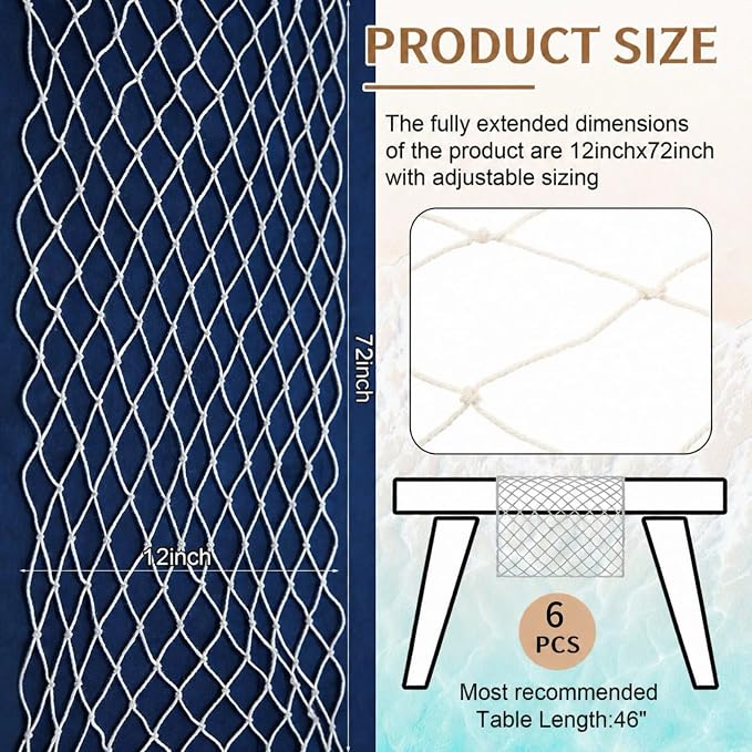 SATINIOR 6 Pcs Fish Net Party Decorations Fishing Net Table Runner 12x72'' Decorative Nautical Cotton Fishnet for Pirate Mermaid Hawaiian Ocean Beach Under the Sea Themed Party Decor (Natural)