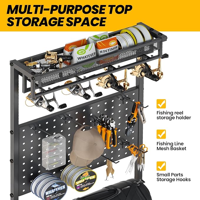 YQSLYSF Fishing Rod Holders for Garage with Pegboard & Metal Mesh Basket, Fishing Rod Storage Rack, Vertical Fishing Pole Holder for Up to 12 -24 Poles, Tackle Gear Organizer
