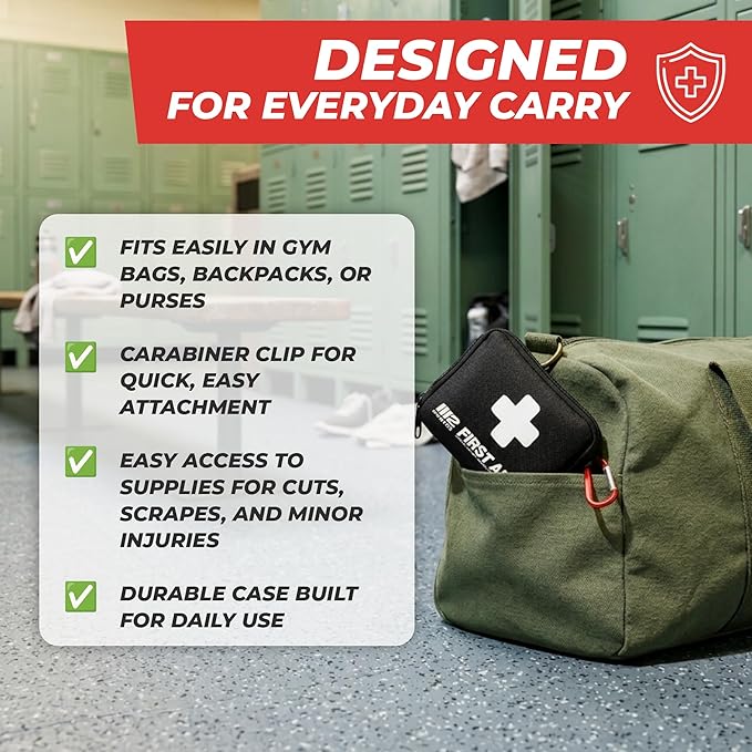M2 BASICS 150 Piece Premium First Aid Kit, Compact Bag for Purse & Travel | On-The-Go Emergency Use, Backpack, Glove Box, Luggage, Carry-On, School, Sports, Car, RV, Boat, Hiking, Camping And Dorm