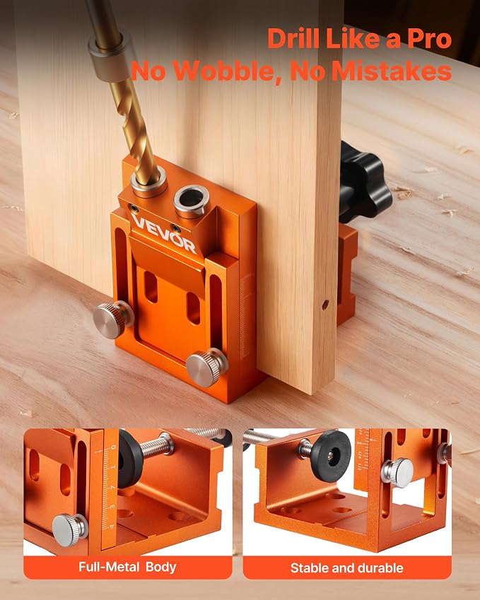 VEVOR Pocket Hole Jig Kit, 0.47 to 1.89 in Adjustable, Jig Pocket Hole System with Step Drill, Hex Wrench, Drill Stop Ring, Square Drive Bit, Plugs and Screws, Reinforced Metal Frame, for Woodworking