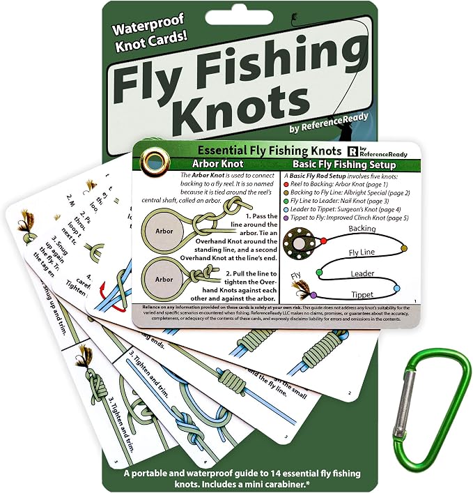 ReferenceReady Fly Fishing Knot Cards: Waterproof Pocket Guide to 14 Essential Fly Fishing Knots with Mini Carabiner Makes Practical and Unique Gift for Fishermen and Women