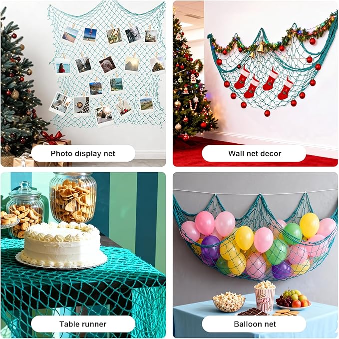 Decorative Fishing Net for Party - 80x40 in Aqua Fish Net Decor Mermaid Net Under The Sea Hawaiian Pirate Party Decorations, 3mm Natural Cotton Nautical Netting Wall Table Ocean Beach Decor