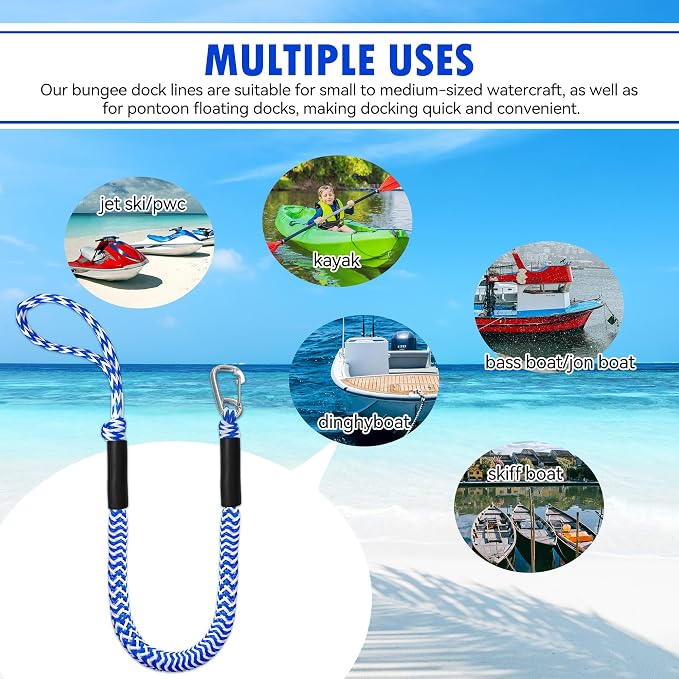 Boat Bungee Dock Lines – Adjustable Boat Tie Downs for Pontoon, Jet Ski, PWC, Kayak | Single Hook Small Cruiser Mooring Lines | (2, Blue & White, 4 Feet)