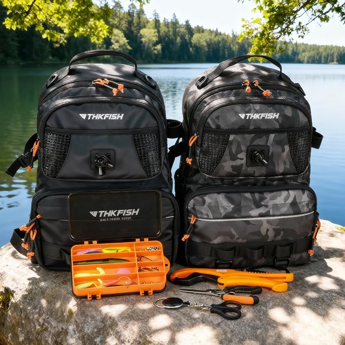 THKFISH Fishing Backpack with Tackle Boxes, 20L Waterproof Tackle Sling Bag with Lures Kit, Fish Lip Gripper, Pliers, Scissors, Fishing Gifts for Men Women