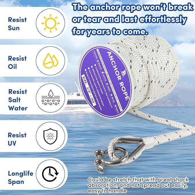 Anchor Rope 100 ft x 3/8 inch White, Double Braided Anchor Line with Stainless Steel Thimble & Shackle, Boat Rope with Reflective Strip Ideal for Towing,Mooring,Anchoring,for Boats Up to 27'