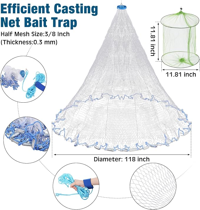 6 Pcs Fishing Net Trap Portable Folded, Crab Trap Minnow Trap, Fishing Landing Net with Telescoping Pole Handle, Casting Net Bait Trap with Heavy Duty Sinker and Storage Bucket