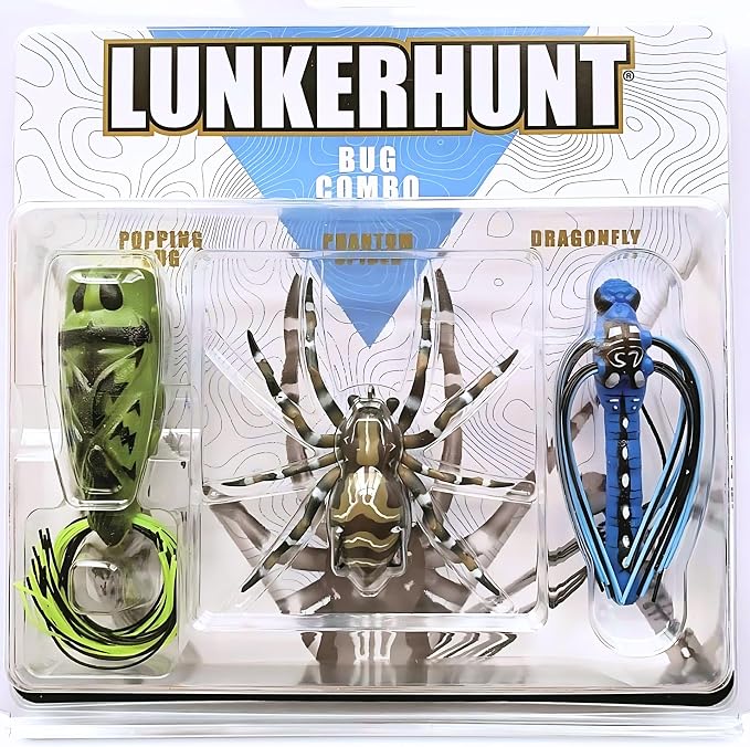 LUNKERHUNT Top Water Bass Fishing Lures | Realistic Weird Fishing Bait for Bass Fishing | Weedless bass Fishing Lures for Freshwater & Saltwater | Frog, Spider & Dragonfly (Bug Combo)