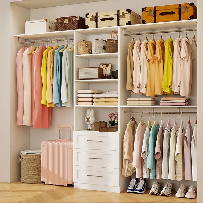 Closet System with Drawers, 5FT-8FT Closet Organizer System with 3 Side Top Shelves(Cuttable) & 3 Expandable Hanging Rods, 96" Walk in Closet Storage Shelving System, Walk in Closet System, White