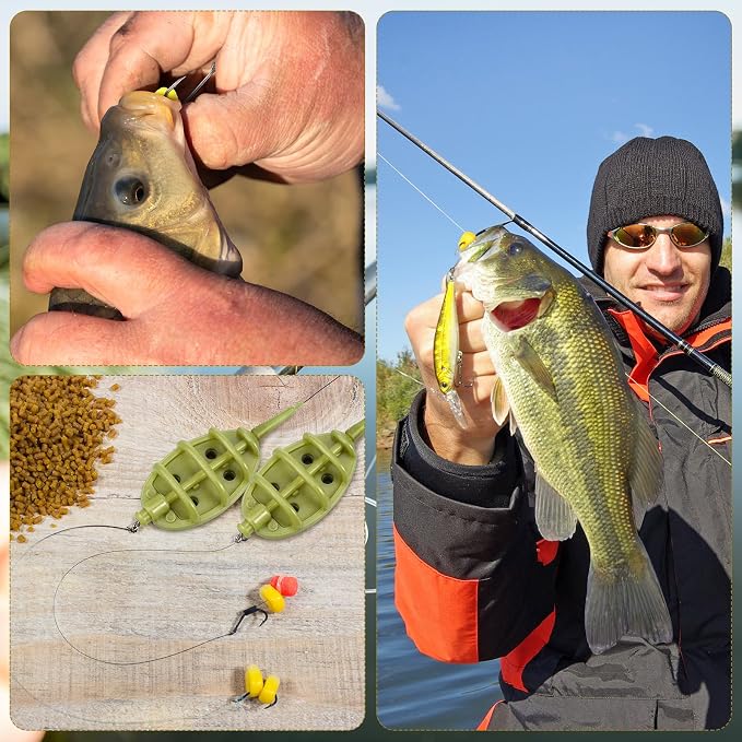 Silipull 88 Pcs Carp Fishing Hair Rigs Kit Includes 24 Curved Barbed Carp Hook 50 Fake Corn Lures 2 Line Bait Stopper 2 Needle 8 Inline Method Feeders 2 Quick Release Mold Fishing Accessories