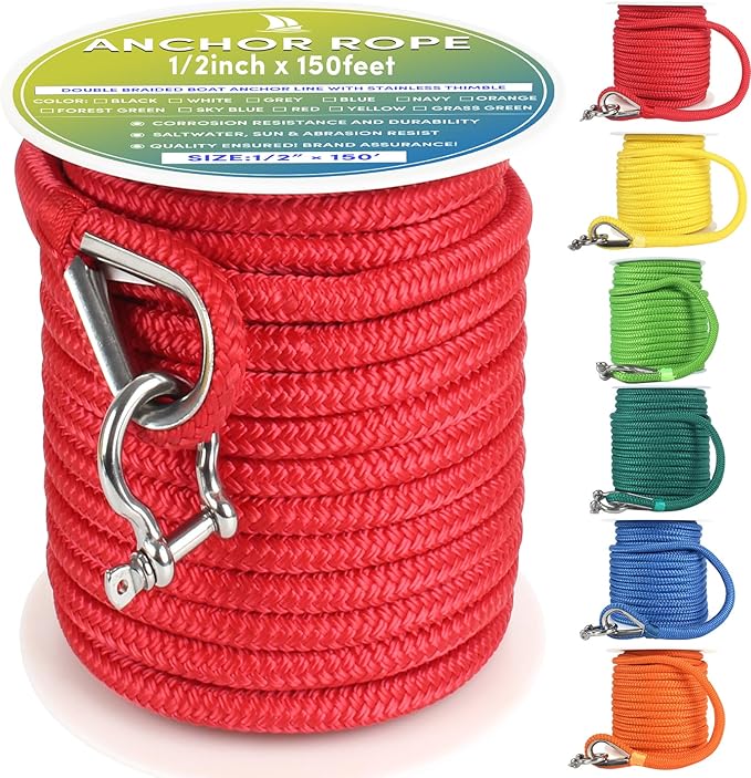 Boat Anchor Rope 150 ft x 1/2 inch Red, Double Braided Anchor Line with Stainless Steel Thimble & Shackle, Marine Rope Ideal for Towing, Mooring, Decks, Anchoring, for Boats Up to 35'
