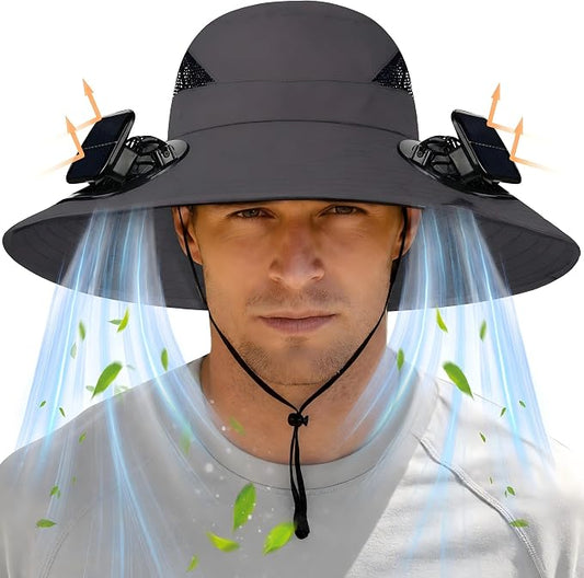 Wide Brim Sun Hat with 2 Solar Fans, UPF 50+, USB Charging for Fishing, Hiking, Beach | Solar Power Hat