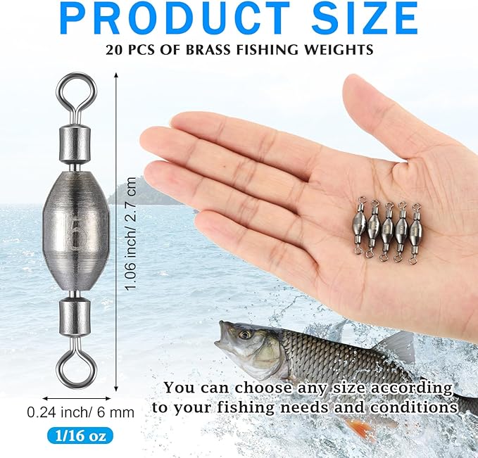 Seenelling 20 Pcs Brass Fishing Sinker Swivel Fishing Weights Saltwater Bullet Sinkers Drop Shot Weight Egg Sinkers with Swivel Rolling Removable Freshwater