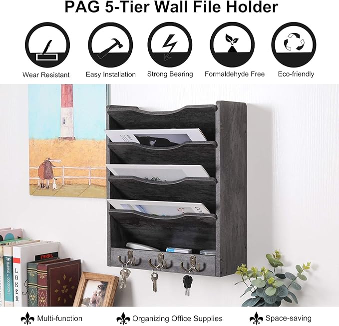 PAG 5-Tier Wall File Holder Hanging Mail Organizer Wood Magazine Literature Rack with 6 Hooks, Dark Gray