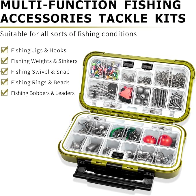 TRUSCEND Complete Fishing Accessories - Tackle Box with Tackle Included, Fishing Hooks, Jig Heads, Sinkers, Weights, Swivels, Snaps, Bobbers, Leaders - Fishing Gear Set for Bass Trout Panfish Walleye