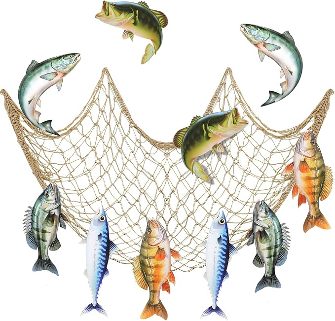 Silipull 11 Pcs Gone Fishing Party Decorations Kit Fishing Net Cute Cardstock Photo Prop for Birthday Sea Animal Indoor Outdoor Dessert Table Party Supply